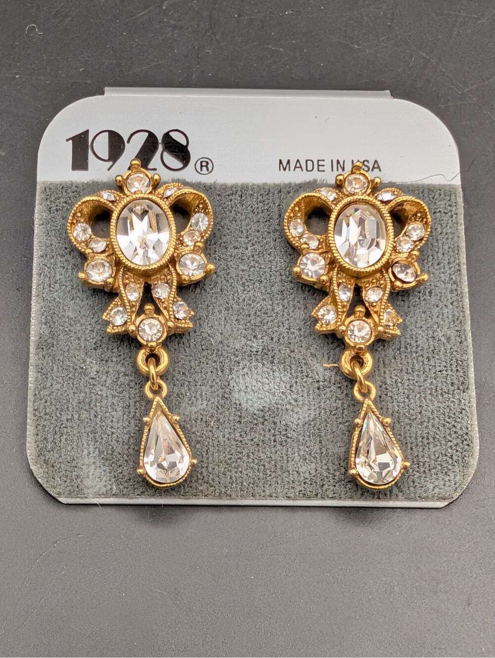 Vintage 1928 Jewelry Co Gold Tone Rhinestone Bow Teardrop Dangle Earrings NWT
